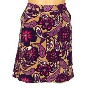 ANN TAYLOR FACTORY tan/purples/pink paisley & floral corduroy skirt. Size 6. EUC